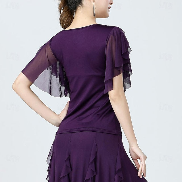 Latin Dance Ballroom Dance Top Pure Color Splicing Tulle