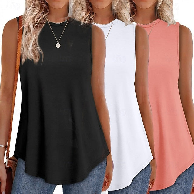 Multi Packs 3pcs Female Crew Neck Sleeveless Black+Pink+White