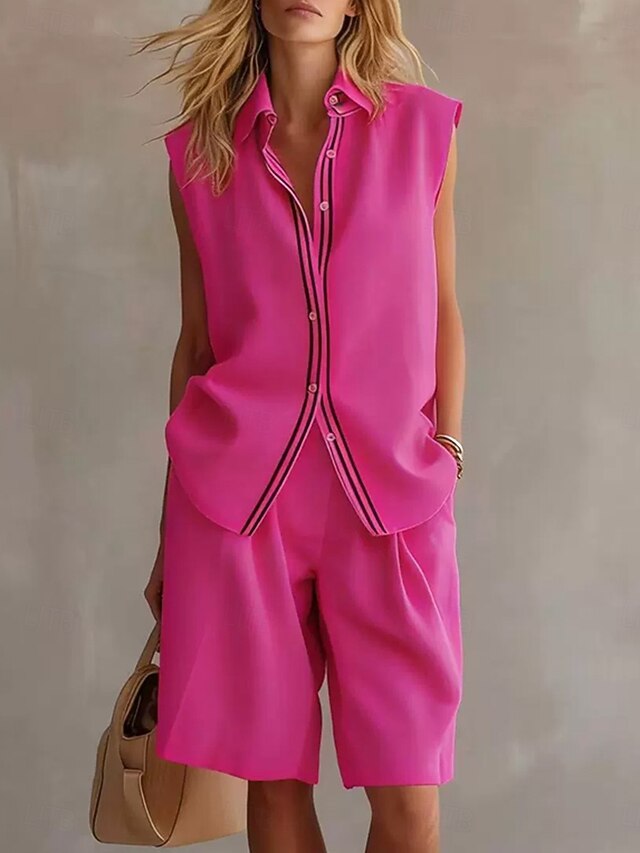 Women's Two Piece Sets Shorts Sets Sleeveless Shirt Collar