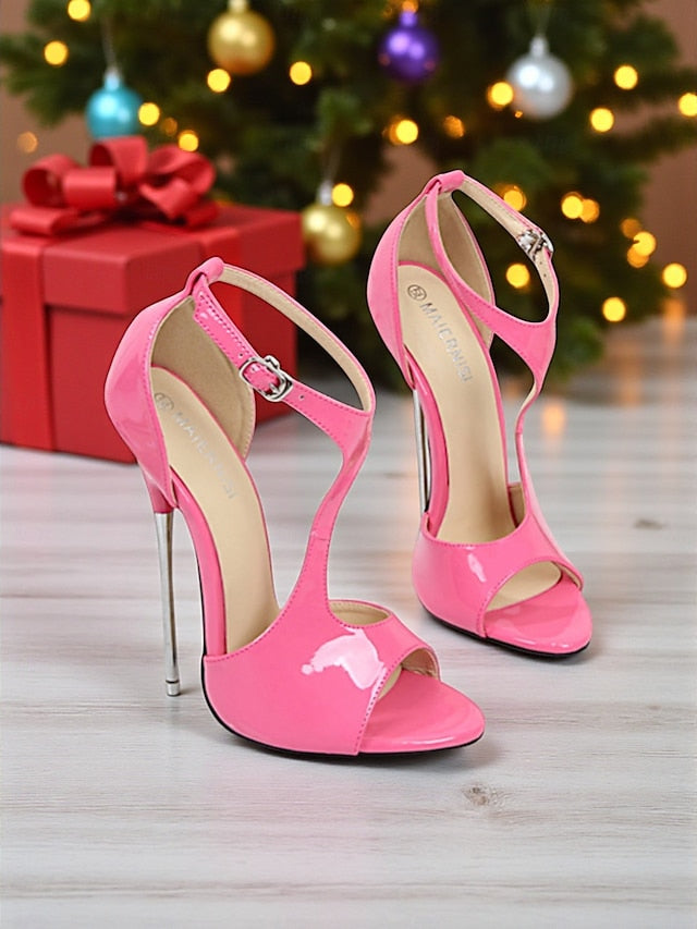 Patent Stiletto Open Leather Heels Red Strappy Women's -