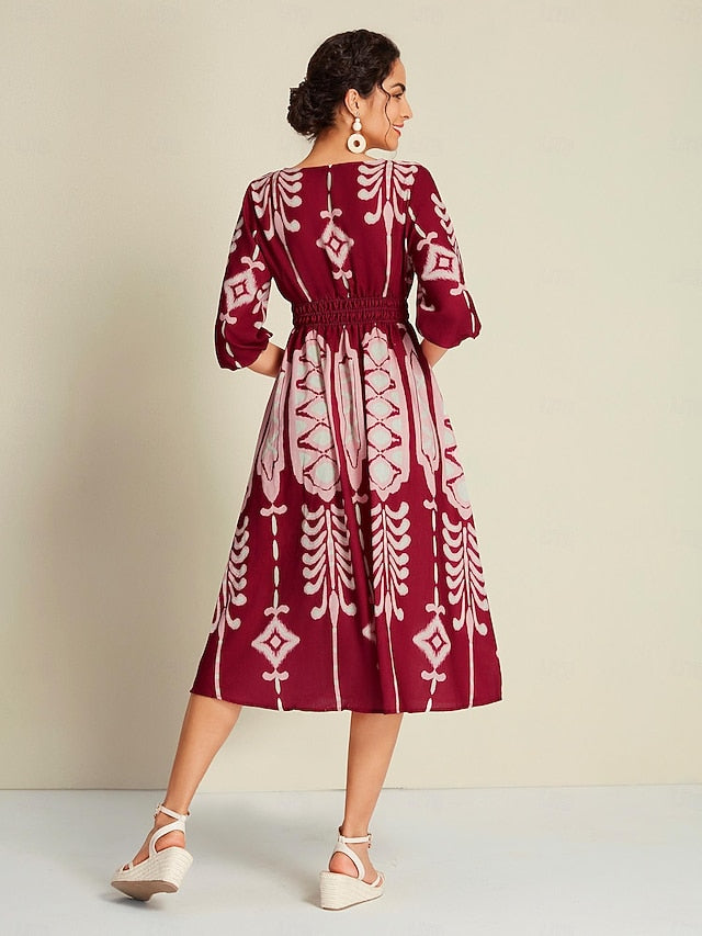 Folk Print Brick Red Half Sleeve V Neck Midi Dress