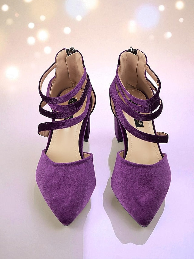 Pumps Block Blue Pointed Toe Heel Velvet with Women's