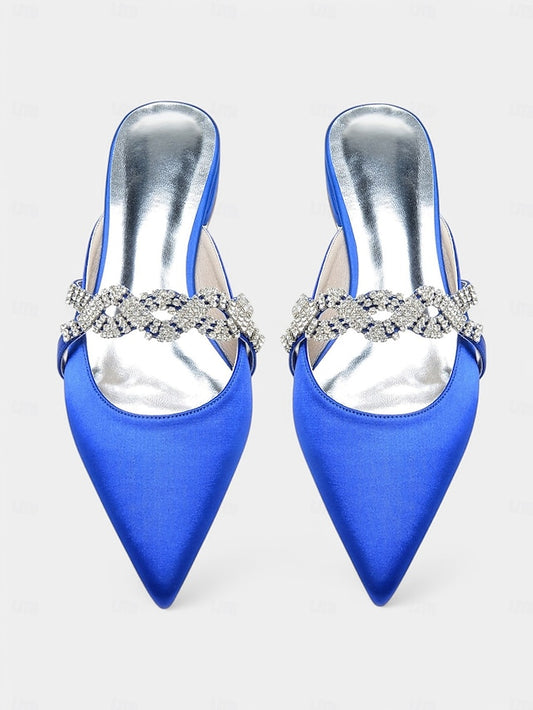 Satin Mule - Heels Rhinestone with Pointed-Toe Blue Detailing