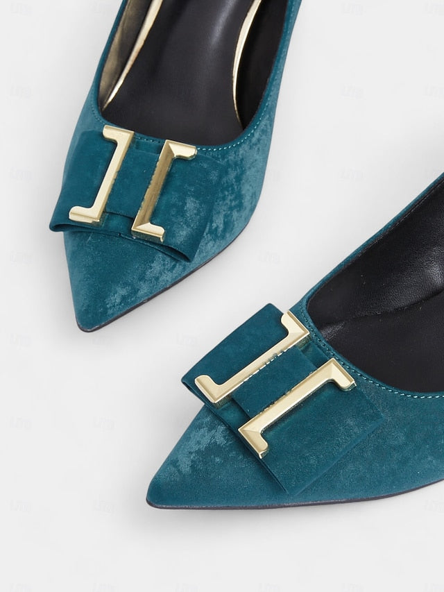 Velvet Elegant Pointed Women's Kitten - Heel Teal Toe Pumps