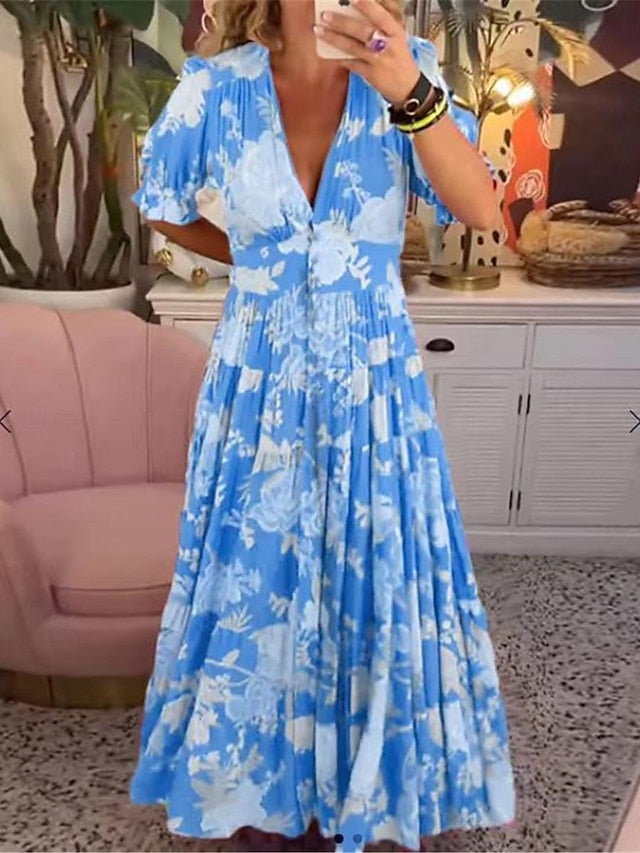 Women's Casual Dress Swing Dress Floral Print V Neck Midi