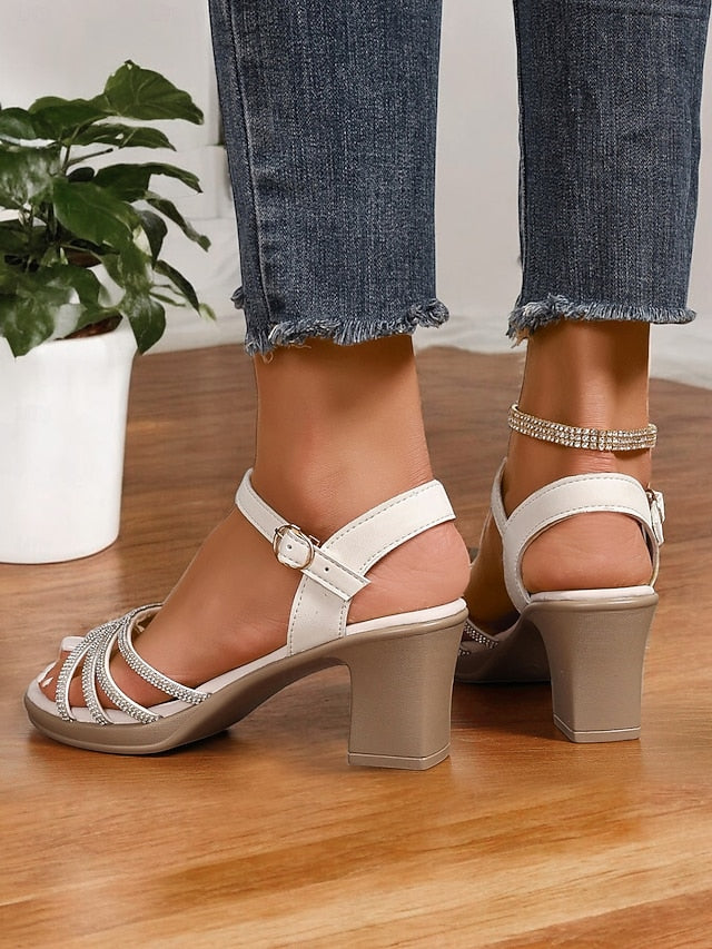 Black with Block Strappy - Rhinestones Heel Sandals Comfortable