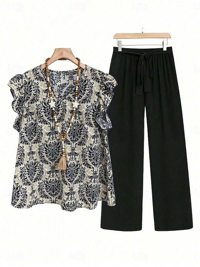 Women's Blouse Wide Leg Pants Sleeveless V Neck Floral