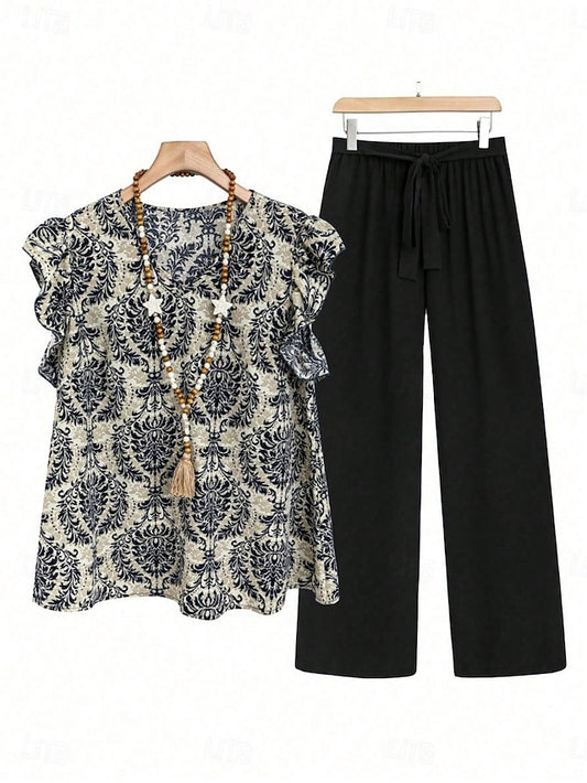 Women's Blouse Wide Leg Pants Sleeveless V Neck Floral