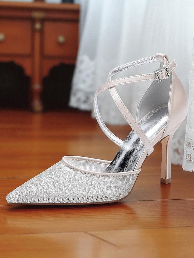 Ankle Glitter Heels Elegant Silver - Women's Stiletto Strap