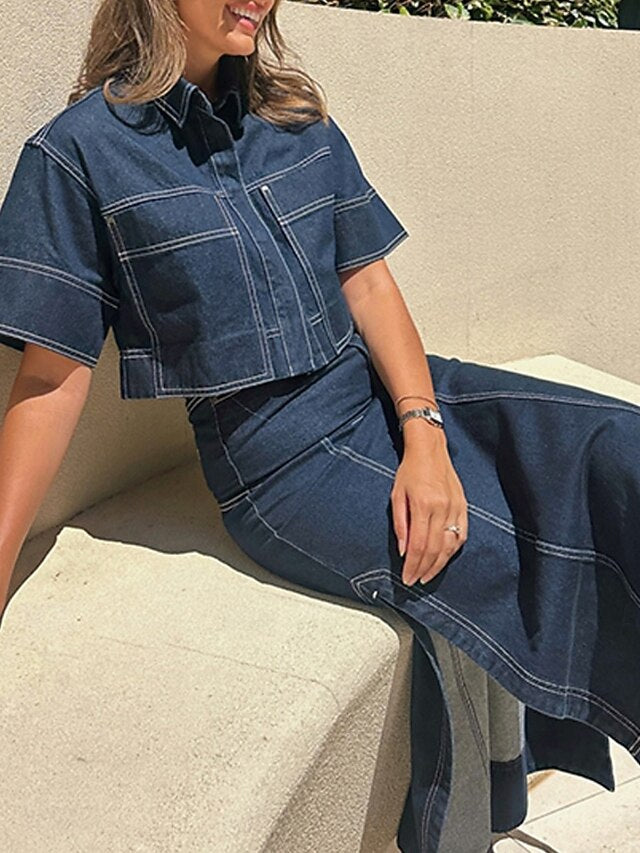 Women's Skirt Sets Bolero Top Short Sleeve Shirt Collar