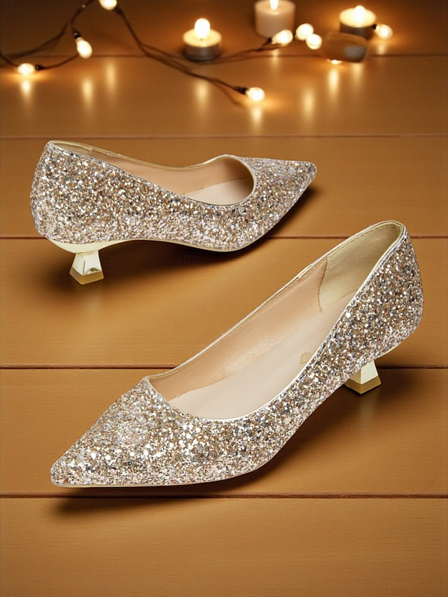 Glitter Toe Women's Low - Heel Sparkly Pointed Pumps