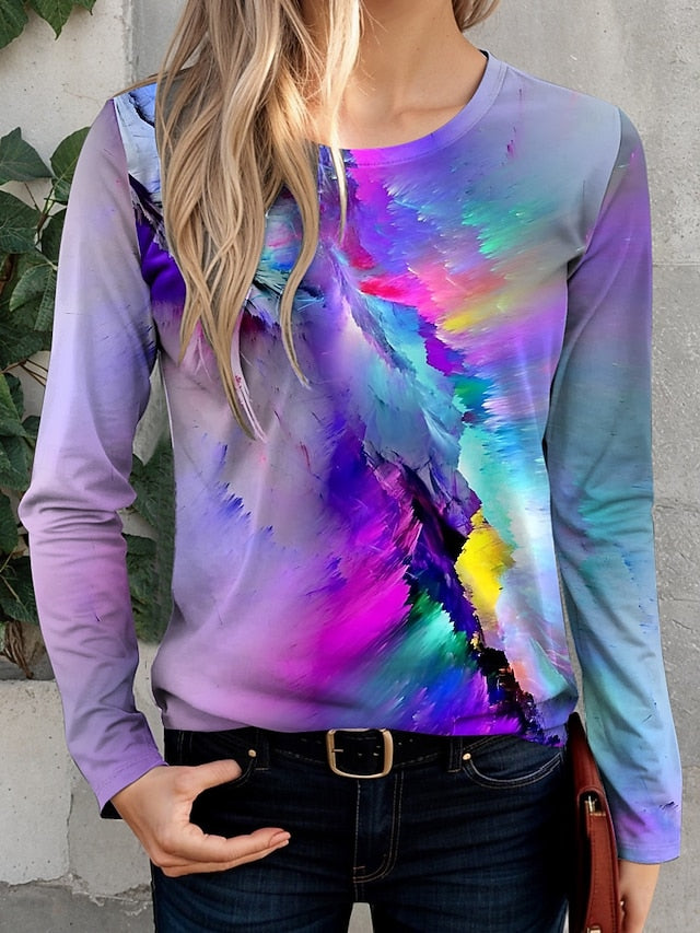 Women's T shirt Crew Neck Long Sleeve Tunic Color Gradient
