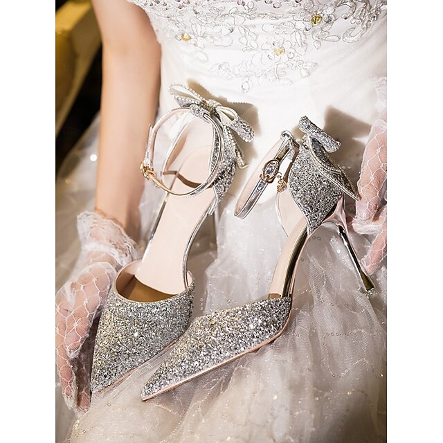 Silver Heels Glitter Bow Toe Pointed - Women's Sparkly