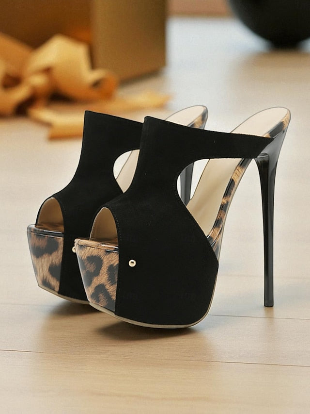 Platform Peep High with Heel Black Toe Women's Mules