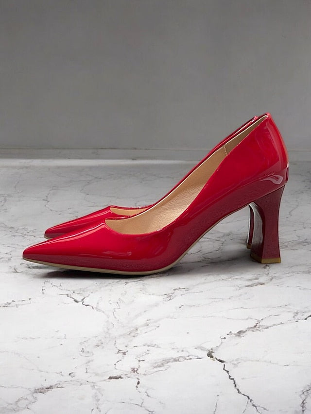 Pointed-Toe Heel Block Leather Patent Pumps Green Faux Glossy
