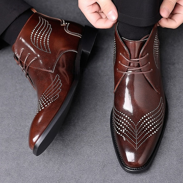 Burgundy Glossy Wingtip Faux Brogue Ankle Leather Men's