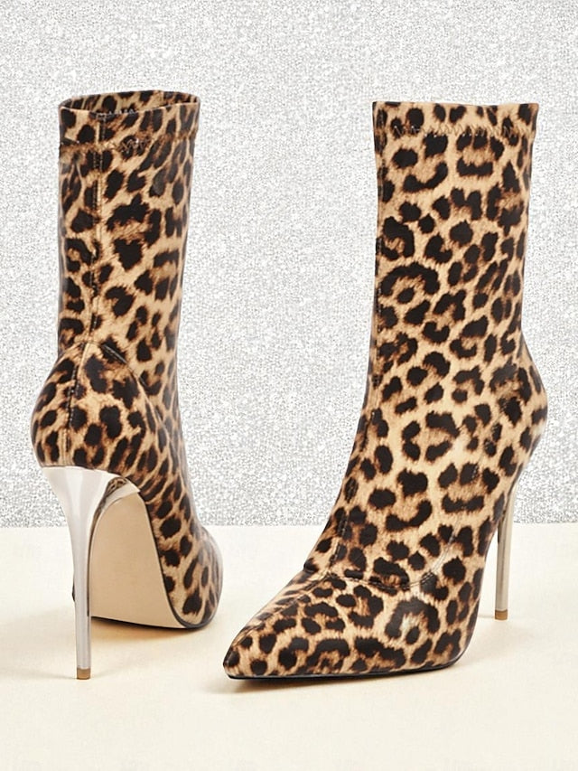 - Pointed Leopard Women's Print Sexy Stiletto Ankle Boots