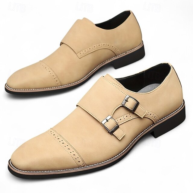 Faux Leather Monk with Shoes Beige Double Strap Men's