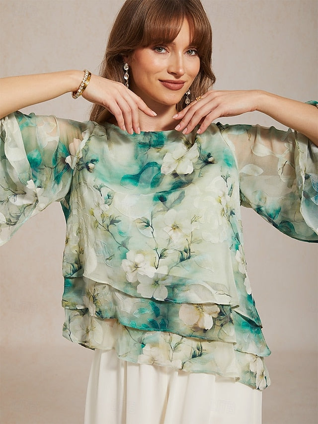 Women's Sheer Blouse Chiffon Tops Lace up Floral Elegant