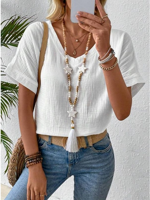 Women's T Shirt Faux Cotton Linen Plain Fashion Modern