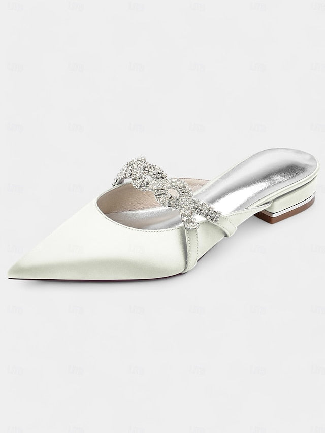 Satin Mule - Heels Rhinestone with Pointed-Toe Blue Detailing