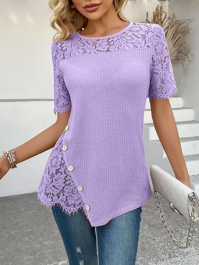 Women's Lace Shirt Lace Patchwork Solid Color Stylish