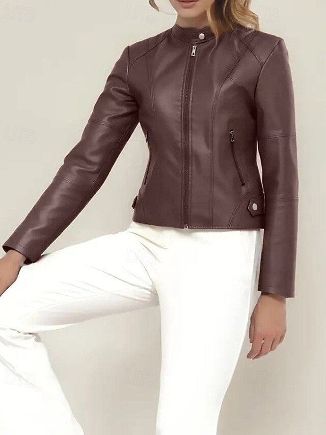 Faux Pocket Leather Comfortable Women's Zipper Jacket