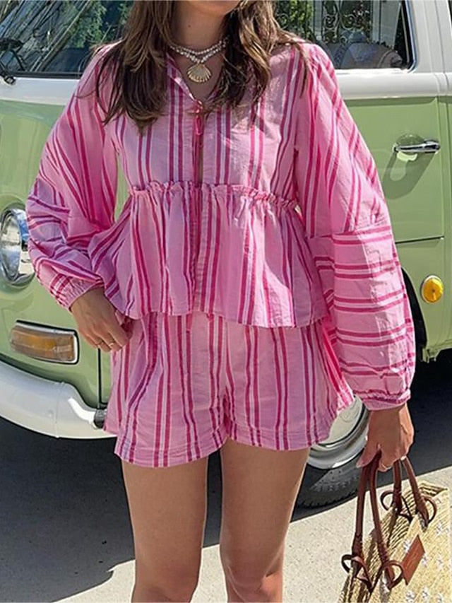 Women's Cotton Linen Shirts Blouse Shorts Sets Long Sleeve