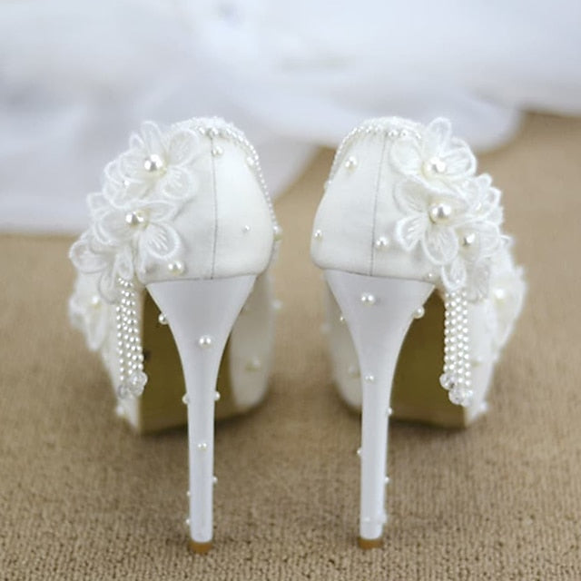 with Women's Platform Heels Floral Lace Wedding White