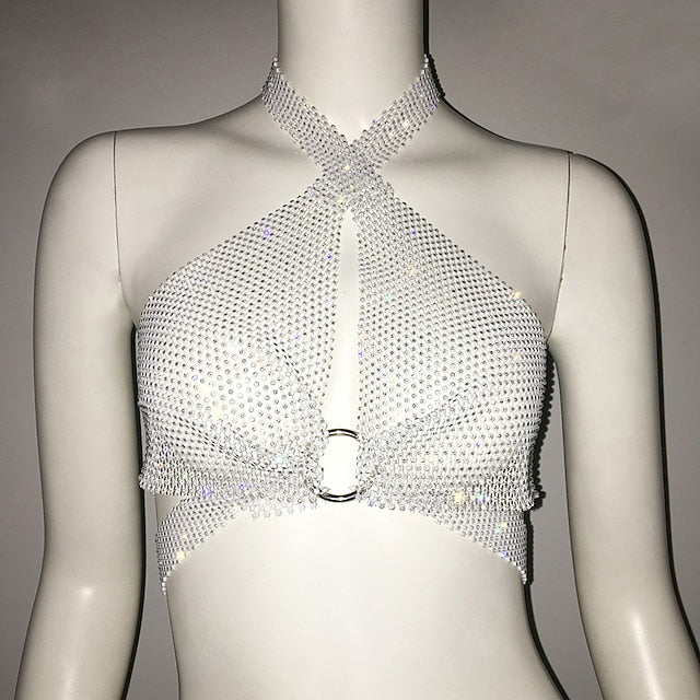 Metallic Sparkle Sexy Crop Tank Top Sheer Mesh Rhinestone Cover