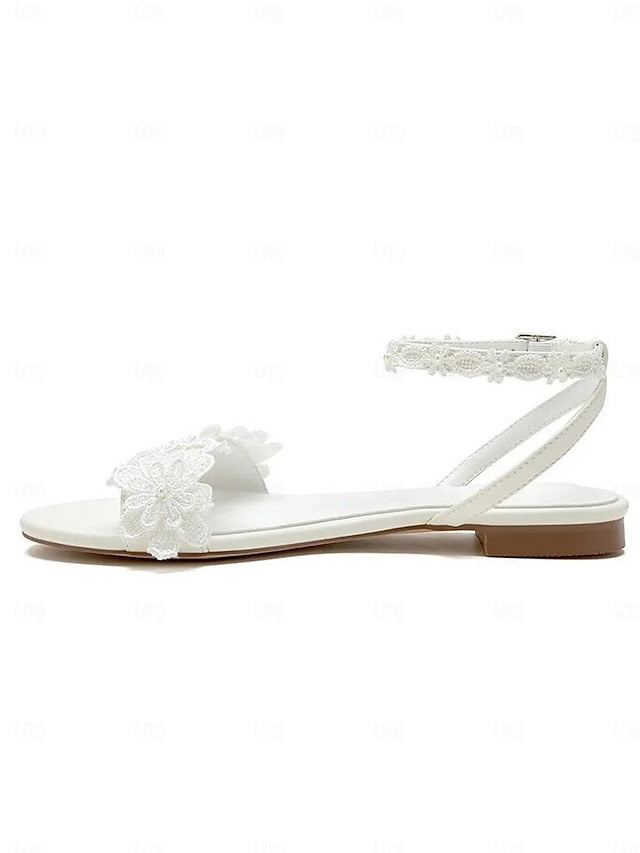 Straps Block Sandals White with Floral Lace Open-Toe Flats Ankle