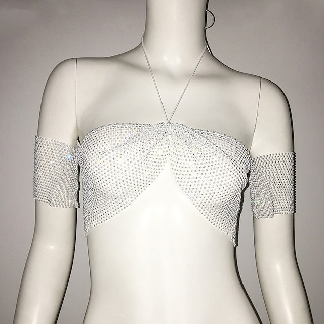Metallic Sparkle Sexy Crop Tank Top Sheer Mesh Rhinestone Cover