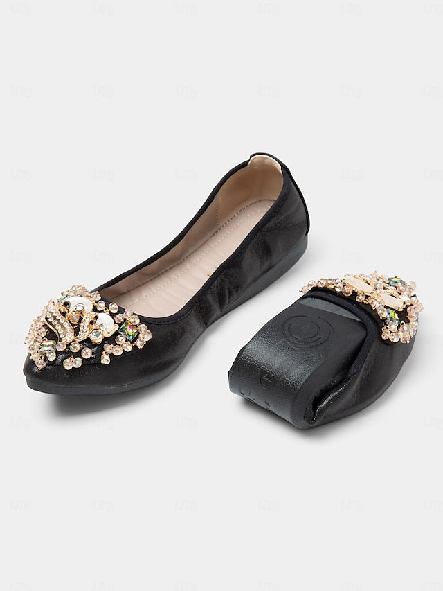 with Rhinestone Foldable Flats Black Women's  Ballet