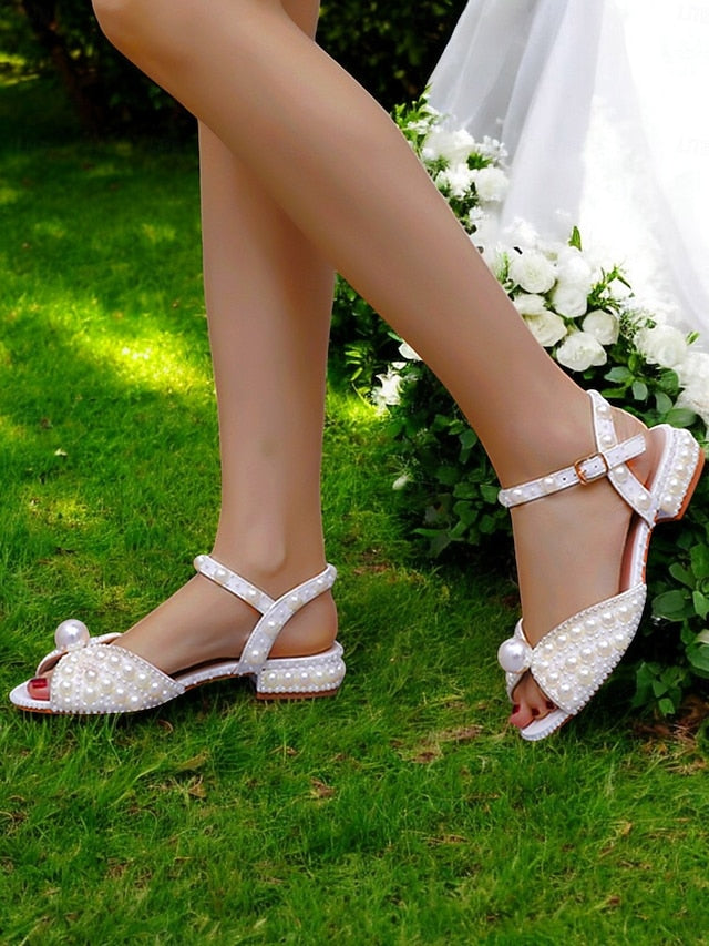 Low Women's – White Sandals Pearl-Embellished Heel