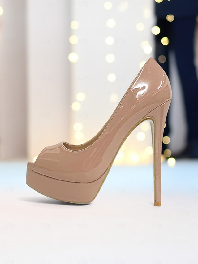 Patent Black Peep Platform Women's High Toe Heels Leather