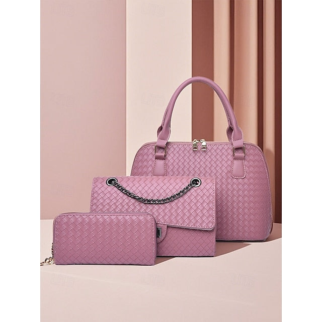 Faux Set Handbag Brown Women's Woven 3-Piece Leather –