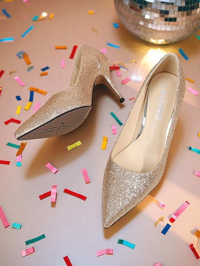 Pumps Gold Glitter Sparkly Women's Stiletto - Pointed-Toe