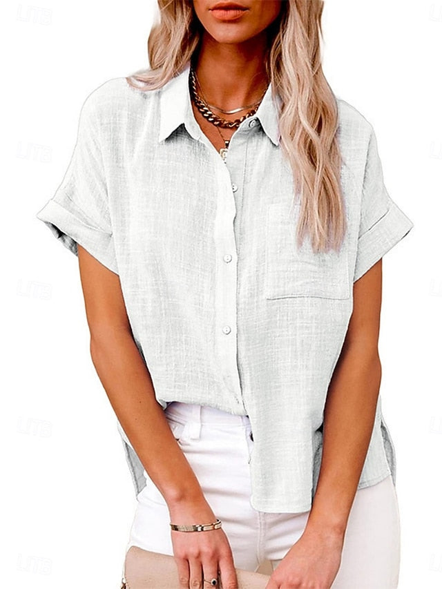 Women's Shirt Button Up Blouse Faux Cotton Linen Pocket