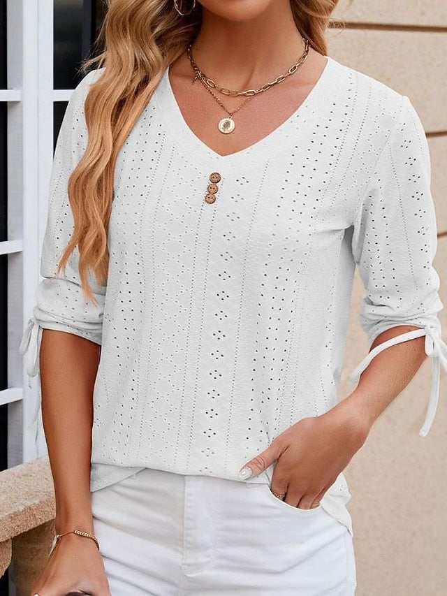 Women's White Elegant Lace Tops Eyelet Blouse Stylish