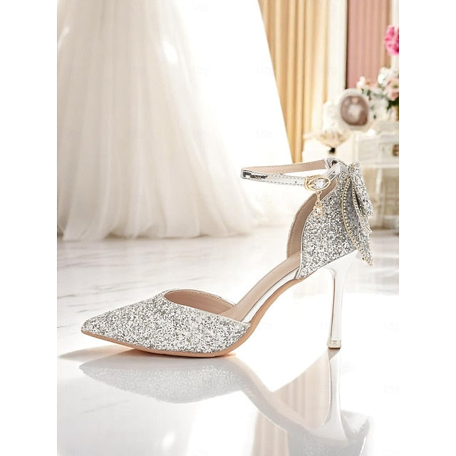 Silver Heels Glitter Bow Toe Pointed - Women's Sparkly
