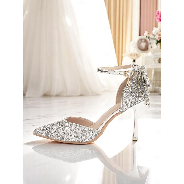 Women's Heels Bow Glitter Toe - Pointed Silver Sparkly