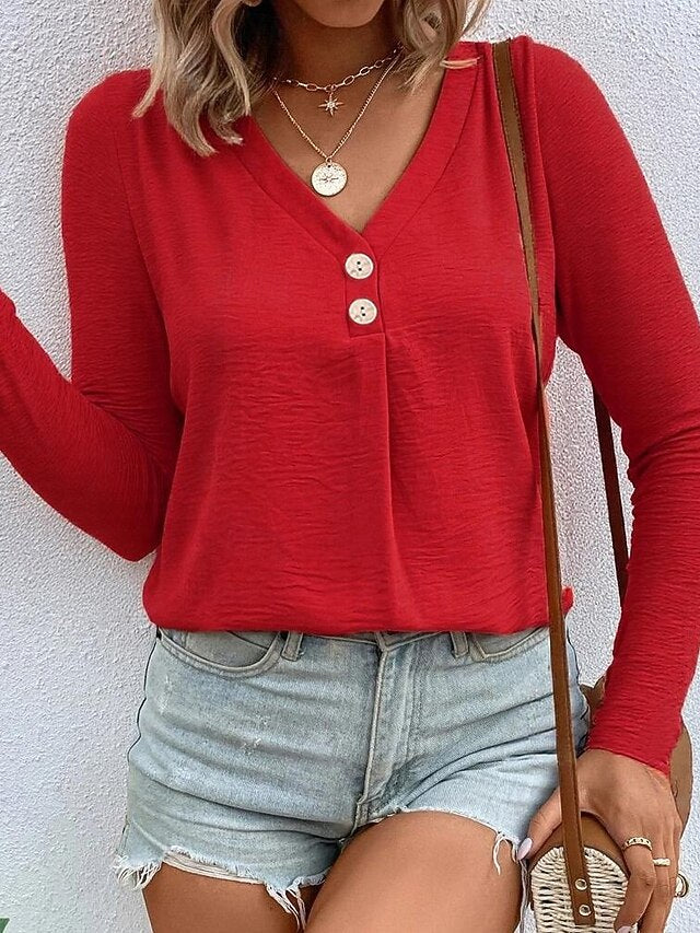 Women's T Shirt Button Front Textured Solid Color Fashion