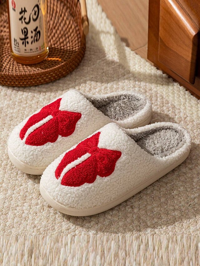 with Bowknot Slippers Soft Red and Design - White Women's