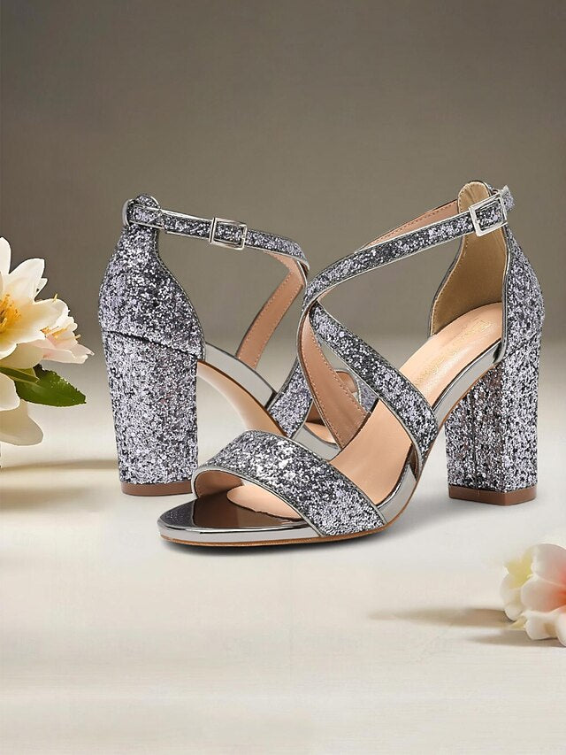 Block Gold Glitter Sandals Women's Heel