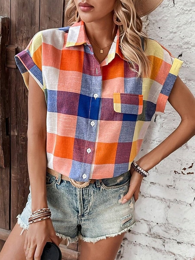 Women's Blouse Buttons Print Plaid Stylish Casual Short