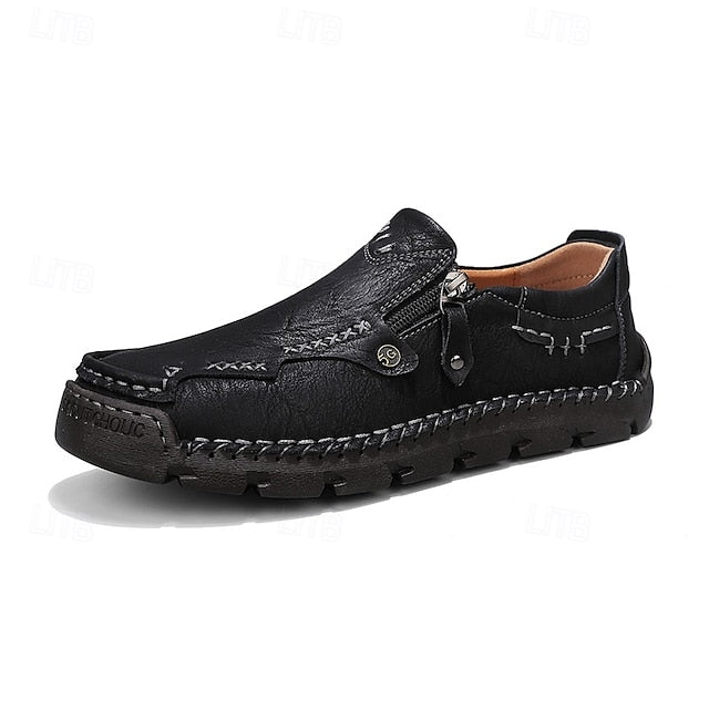 Leather with Side Faux Brown Slip-On Loafers Men's Zipper