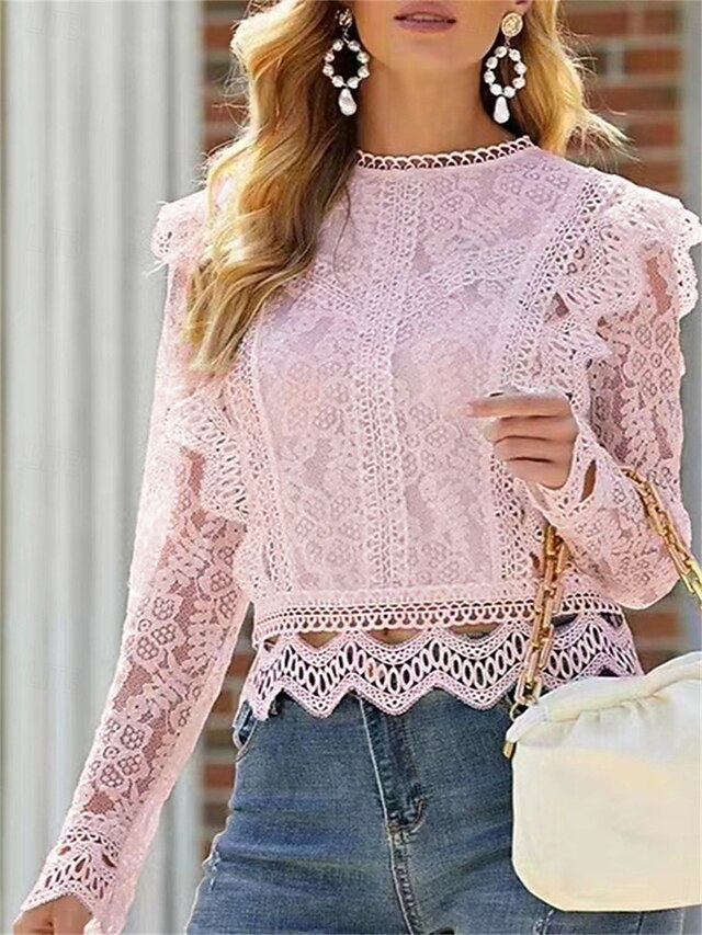 Women's Summer Tops Blouse Eyelet top Lace Tops Ruched Lace