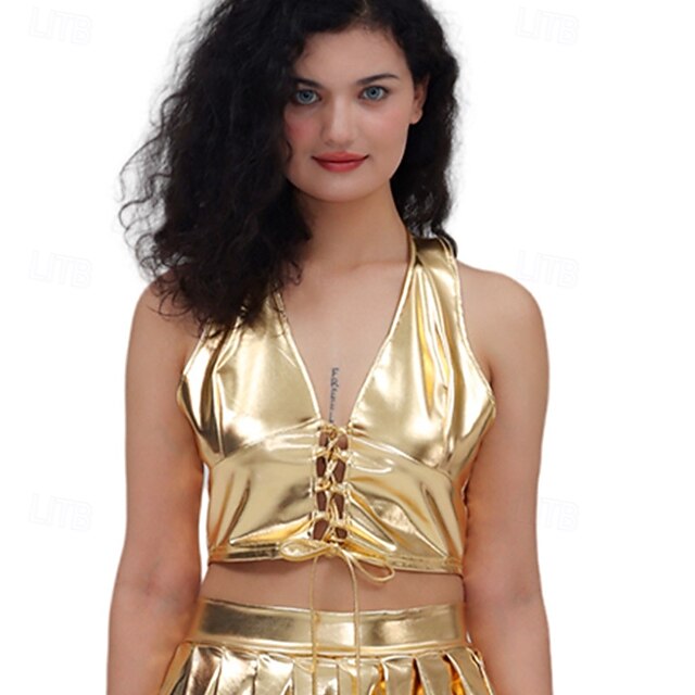 Retro Vintage 1980s Crop Top Disco Halter Shiny Latex Patent