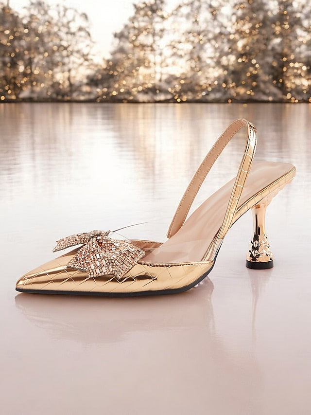 Detail Women's Slingback Gold with Bow Quilted - Heels