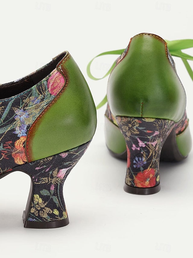 Mary Floral Heels Green Women's with Jane Leather Print